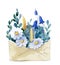 A paper envelope filled with ears, daisies and herbs. Hand drawn waterocolor illustration isolated on white background
