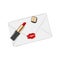 Paper envelope with red lips stamp on it. Romantic Valentines illustration. Red lipstick cosmetic illustration with love letter