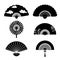 Paper fan. Black silhouettes different forms. Chinese or japanese monochrome traditional souvenirs with various ornament