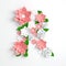 Paper flower alphabet letter R 3d render. Pastel colored flowers in modern paper art origami style. Flat lay digital illustration