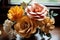 paper flower centerpiece on a rustic wooden table