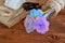 Paper flowers. Children\'s paper crafts. Kids project. Vase, scissors, burlap, lace, cord on wooden table