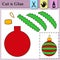 Paper game for kids. Create the applique cute Cristmas Ball toy. Cut and glue. Winter symbol. Education logic game for preschool
