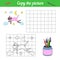 Paper game for preschoolers. Copy the picture and color sample little animal kitten. Puzzle. Handmade to create a pet. Pink cat
