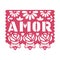 Paper greeting card with cut out flowers and text Amor. Papel Picado.