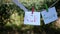 Paper with handwriting word colors, Blue, Red, Green hanging on a  rope with wooden clip and developed in the wind on green nature