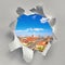 Paper hole with image of aerial view of central Berlin in Spring, including river Spree and Alexanderplatz TV tower. Last minute