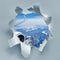 Paper hole with image of Alps under snow, aerial view from airplane with part of wing and a turbine. Air travel background collage