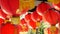 Paper lanterns on shabby building. Red paper lanterns hanging on ceiling of weathered concrete temple building on sunny