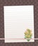 Paper lined sheet on a dark brown background with vertical and horizontal stripes and round circles pink pearl line bow yellow flo