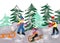 Paper made winter landscape with tobogganing children