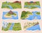 Paper map with three-dimensional landscape and buildings. Map with mountainous terrain, river, sea and city. Travel