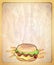 Paper menu list with empty place for text and illustration of burger and fries.