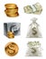 Paper money and gold coin, moneybag. Vector icon set
