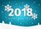 Paper New Year 2018 text design with 3d snowflakes on the shining deep blue landscape background with Christmas trees.