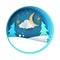 Paper night illustration. Fir, moon, cloud, snow, star.