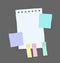 Paper notes stickers. Place for memo messages on paper sheets. Attached with sticky colorful tape on grey background