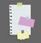 Paper notes stickers. Place for memo messages on paper sheets. Attached with sticky colorful tape on grey background