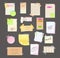 Paper notes on stickers, reminders notepads, memo messages torn paper sheets attached with transparent tape. Office torn pieces