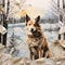 paper picture of a dog sitting against a background of snowy forest