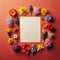 A paper placed on a deep coral background, encircled by a variety of bright spring flowers. Mockup, colorful background