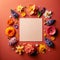 A paper placed on a deep coral background, encircled by a variety of bright spring flowers. Mockup, colorful background