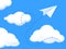 Paper plane in clouds. Flat background with folded origami airplane flying over cartoon clouds. Vector business