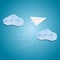 Paper plane flying between clouds.Idea success cutout poster background
