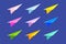 Paper plane icon set made in flat style. Multicoloured airplane collection isolated on dark blue background. Chat, messenger sign