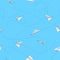 Paper plane seamless pattern. White airplanes with trajectory dotted lines. Flying origami objects. Launch light