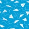 Paper plane seamless pattern. White flying airplanes in blue sky different direction with dotted line tracks wallpaper