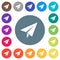 Paper plane solid flat white icons on round color backgrounds