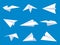Paper plane. White paper airplanes from different angles in blue sky, flying planes for logo aviation design, flat