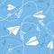 Paper Planes with Tangled Lines Seamless Pattern. Repeating abstract background with paper planes, hearts and dashed tangled lines