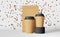 Paper pouch bag coffee cups black lids falling beans podium 3D rendering. Coffee shop discount. Hot drinks demonstration