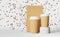 Paper pouch bag coffee cups white lids falling beans podium 3D rendering. Coffee shop discount. Hot drinks demonstration