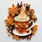 Paper quilling 3D style fall scene with leaves and a coffee - pumpkin spiced lattes