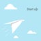 Paper rocket icon with white cloud on sky background.Start up