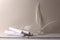 Paper rollers and white quill feathers in glass bottle on white wood table. Feathers and paper rollers against white wall with emp