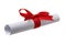 Paper scroll diploma tied with red ribbon