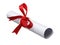 Paper scroll diploma tied with red ribbon