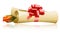 Paper scroll with red gift bow and rose.