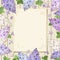 Paper sheet and lilac flowers on a wooden background. Vector eps-10.