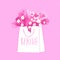Paper shopping bag full of flowers. Bunch of camomiles in shopper with handwritten word spring. Pink vector card for
