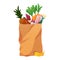 Paper shopping bag products grocery. Vegetables, bread, dairy products, and meat. Grocery supermarket. Fresh healthy