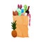 Paper shopping bag products grocery. Vegetables, dairy products, vine, meat. Grocery supermarket. Fresh healthy produce