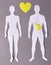 A paper silhouette of man and woman with a yellow stomach and heart on a gray background