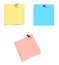 Paper stickers pinned by pins. Yellow, blue and pink sheet for daily notes. Reminder. Isolated vector on white background