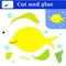 Paper stitches game for preschoolers. Puzzle - applique. Cut out and glue. Handmade to create a fish. Yellow fish and blue bubbles
