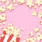 Paper striped bucket. Cup with tasty popcorn paper cut style. Pink Background. Space for text